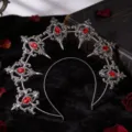 Gothic halo headband with vintage silver metal frame and sparkling red rhinestones. - Black Red