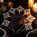 Gothic Lolita halo crown headband with blue rhinestones and silver baroque filigree design. - Silver Blue