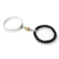 Magnetic couple matching bracelets with black and white stone beads and gold silver handshake clasp - Matte White Ceramic