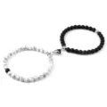 Couple magnetic heart beaded stretch bracelet set, matching black and white stone design. - Matte Howlite (2 Pcs)