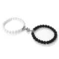 Couple magnetic matching beaded bracelets set, black and white stone bead design for lovers. - Matte White Porcelain Effect