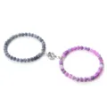Couple magnetic beaded bracelets, grey and purple agate with silver rose clasp for lovers! - Weathered Black Purple Stone