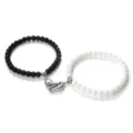 Black and white magnetic couple bead bracelet set, matching heart pendant design for lovers. - Matte White Ceramic-Look