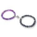 Couple magnetic attraction stone bead bracelets set, matching purple and dark cracked agate jewelry. - Purple and Black Weathered Stone