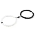 Couple magnetic matching beaded bracelets set, minimalist black and white elastic bead design. - White Porcelain Glossy (2 Pcs)