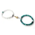Magnetic couple bracelets with white and turquoise beads, gold and silver hand clasps design. - White Porcelain Turquoise