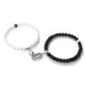 Couple matching black and white beaded bracelets with magnetic heart pendant for lovers jewelry gift - Glossy White Porcelain