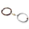 Couple magnetic handshake bracelets featuring tiger eye and white stone beads variant. - Veined Turquoise Tiger Eye