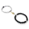 Couple magnetic handshake bracelet set, black lava stone and white marble beaded jewelry. - Lava Rock with Black Line Turquoise