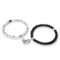 Couple matching magnetic heart beaded bracelets set with black and white stone beads. - Matte Black Vein Turquoise