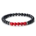 Bracelet extensible classique de perles noires et rouges 6mm, bijoux mode unisexe. - Pierre à toile noire