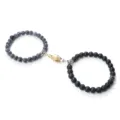 Magnetic couple matching beaded bracelets with golden silver shaking hands clasp for lovers - Black Weathered Stone
