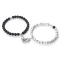 Couple magnetic heart beaded bracelet set black lava stone and white stone jewelry - Lava Rock with Black Line Turquoise