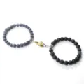 Magnetic handshake couple beaded bracelet set featuring natural stone and lava beads. - Lava Weathered Black Stone