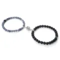 Juego de pulseras de cuentas magnéticas en pareja con ágata azul agrietada y piedra volcánica. - Lava Piedra Negra Envejecida