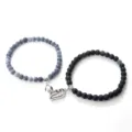 Couple magnetic bracelet set with blue cracked agate and matte black beads, cute heart pendant. - Black Weathered Stone