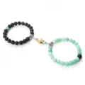 Couple magnetic attraction bracelet set with black lava and green agate beads, gold silver hands clasp. - Lava Weathered Green Stone