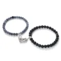 Magnetic couple bracelet set with blue crackle agate and black lava stone beads for lovers. - Lava Weathered Black Stone