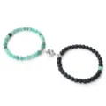 Conjunto de pulseras de cuentas magneticas para parejas con agata verde y perlas negras. - Piedra Verde Envejecida Mate