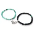 Couple magnetic bead bracelet set with heart charm, green and black beaded jewelry gifts - Matte Weathered Green Stone