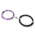 Ensemble de bracelets de perles en pierre magnétique de couple avec pendentif fleur. - Violet dépoli effet vieilli