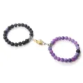 Couple magnetic handshake bracelets set, black lava stone and purple agate beaded jewelry. - Lava Weathered Purple Stone