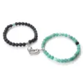 Couple magnetic stone bead bracelets set with black lava stone and green agate heart charm. - Lava Weathered Green Stone