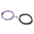 Ensemble de bracelets de perles pour couple avec fermoir aimanté rose, agate et pierre de lave. - Lave Pierre Violette Intempéries