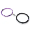 Pulsera Magnética de Pareja de Ágata Púrpura y Piedra Volcánica Negra Set - Lava Piedra Morada Envejecida