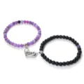 Couple magnetic distance stone bead bracelet matching heart charm jewelry set for lovers. - Frosted Purple Weathered