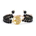Bracelet de perles noires double rang avec pendentif arbre de vie doré, cordon tressé. - Arbre Brillant