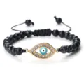 Bracelet Perles Mauvais Œil Pierre Marbre Noir Strass Doré Cordon Ajustable Bijou Mode - Pierre Tachetée Noire (Mauvais Oeil Doré)