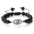 Bracelet œil maléfique en perles de pierre noire avec cordon tressé réglable unisexe - Veine Blanche Noire Argent