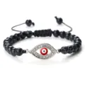 Bracelet tressé œil maléfique réglable avec perles en pierre noire et pendentif en strass. - Turquoise Noire Ligne Blanche Argent