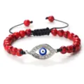 Bracelet de perles rouges mauvais œil, cordon réglable style bohème bijoux fantaisie - Pierre à Veine Rouge Argent