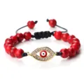 Bracelet de perles rouges œil maléfique avec strass étincelants et cordon tressé réglable. - Pierre à Veine Rouge Or
