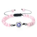 Bracelet Perles Rose Mauvais Œil Cordon Réglable Tressé Strass Bleu Bijou Cadeau Femme - Oeil de chat rose