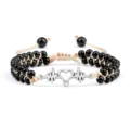 Bracelet tressé double rang en perles noires avec pendentif cœur ECG en argent élégant. - ECG Brillant