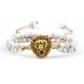 Bracelet turquoise tressé double couche avec breloque tête de lion en or vintage et cordon réglable. - Turquoise à Veine Noire Lion