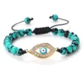 Bracelet perles turquoise réglable avec charme mauvais œil doré et strass pour femmes - Turquoise du Xinjiang (Mauvais Oeil Doré)
