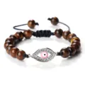 Bracelet perles œil de tigre rose mauvais œil strass breloque ajustable bijoux tendance - Oeil de Tigre (Mauvais Oeil Argenté)