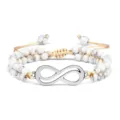 Bracelet en perles de turquoise blanche tissé à la main avec symbole infini argenté - Turquoise à Veine Noire Double Infini