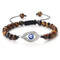 Bracelet de perles œil de tigre avec pendentif strass mauvais œil et cordon noir réglable. - Oeil de Tigre Argent