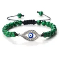 Bracelet tressé perles vertes mauvais oeil ajustable strass bijoux tendance femme homme - Malachite Argent