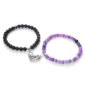 Couple magnetic stone and agate beaded bracelets set with heart pendant for men and women jewelry - Lava Weathered Purple Stone