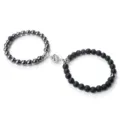 Ensemble de bracelets de perles en pierre magnétique de couple avec pendentif fleur bijoux - Hématite Mate