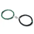 Set de pulseras de cuentas magnéticas de pareja con malaquita verde y cuentas negras mate uso diario. - Ágata pavo real mate