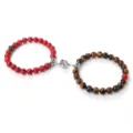 Bracelets de couple magnétiques en perles de pierre rouge et œil de tigre assortis. - Turquoise Rouge & Oeil de Tigre