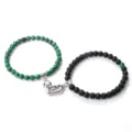 Couple magnetic bead bracelets set with heart pendant, stylish stone matching bracelets. - Matte Peacock Agate
