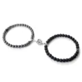 Juego de pulseras de pareja magnéticas con cuentas negras mate y cuentas metálicas, flor. - Hematita Mate